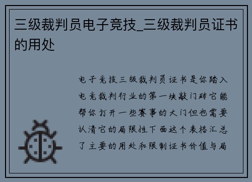 三级裁判员电子竞技_三级裁判员证书的用处